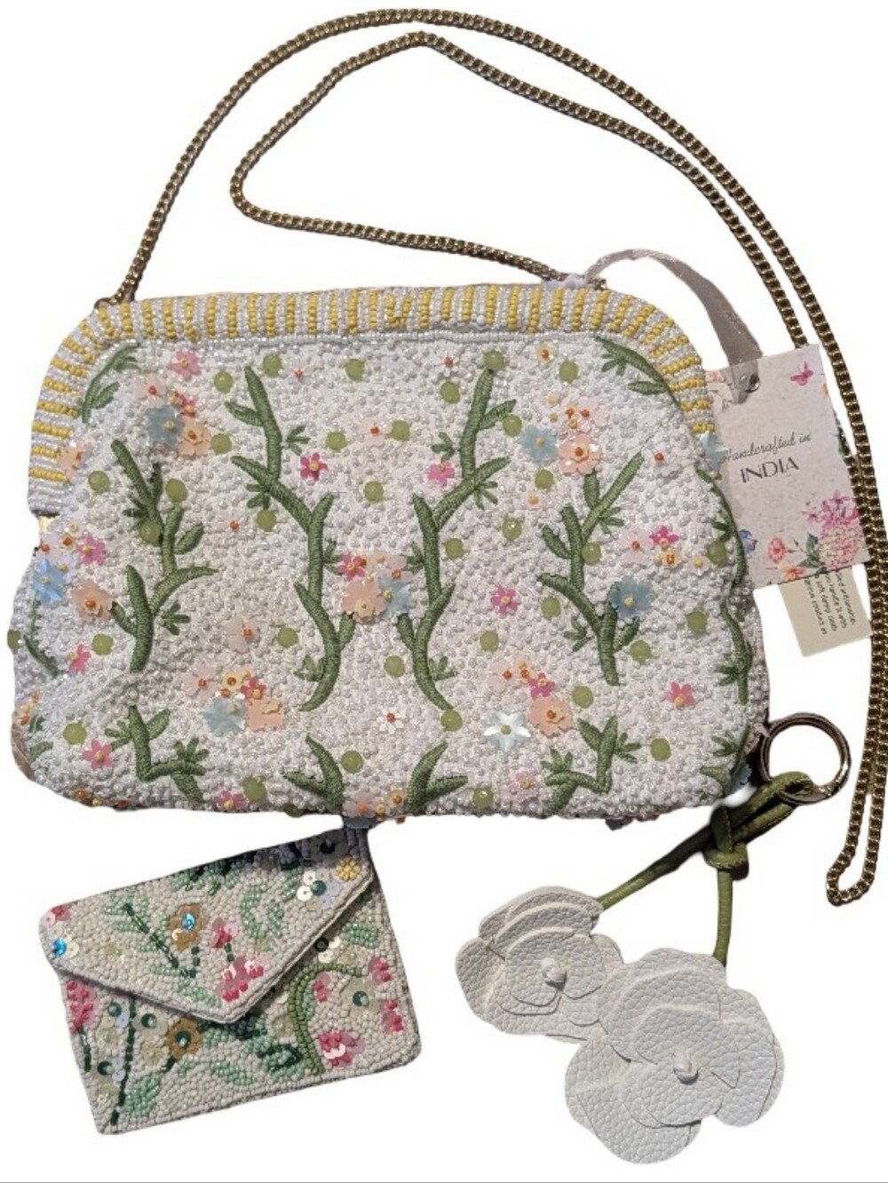 Hand Beaded Crossbody Bag w/ Matching Beaded Coin Purse & Leather Bag Charm 3pcs